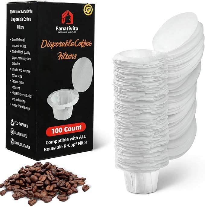 100 Count Fanativita K Cup Filters Disposable with Genius Lid Design, Fit All Reusable K Cups for Keurig (White)