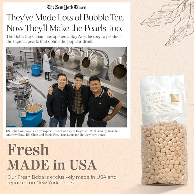 US Boba Co Unsweetened Tapioca Pearl, Easy to Cook, Tapioca Boba Balls for Tea Milk, Coffee & Dessert Topping, Fresh Made in USA, Brown Sugar Flavor, 1 Pound (Pack of 1)