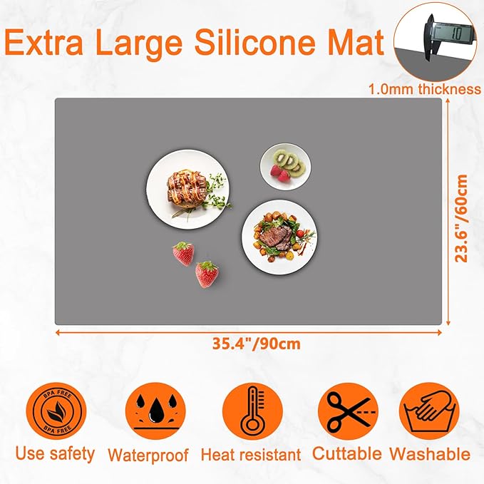 35.4''x23.6''(90cmx60cm) Extra Large Silicone Mat for Kitchen Counter, Heat Resistant Countertop Protector, Non-Slip Waterproof Kitchen Island Mat, Easy to Clean, Light Gray