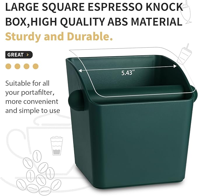 Large Square Knock Box Shock-absorbent Knock Box Espresso with Removable Knock Bar and Non-Slip Base Espresso Accessories for Home/Office (Large Green Knock Box with Tamper Mat)