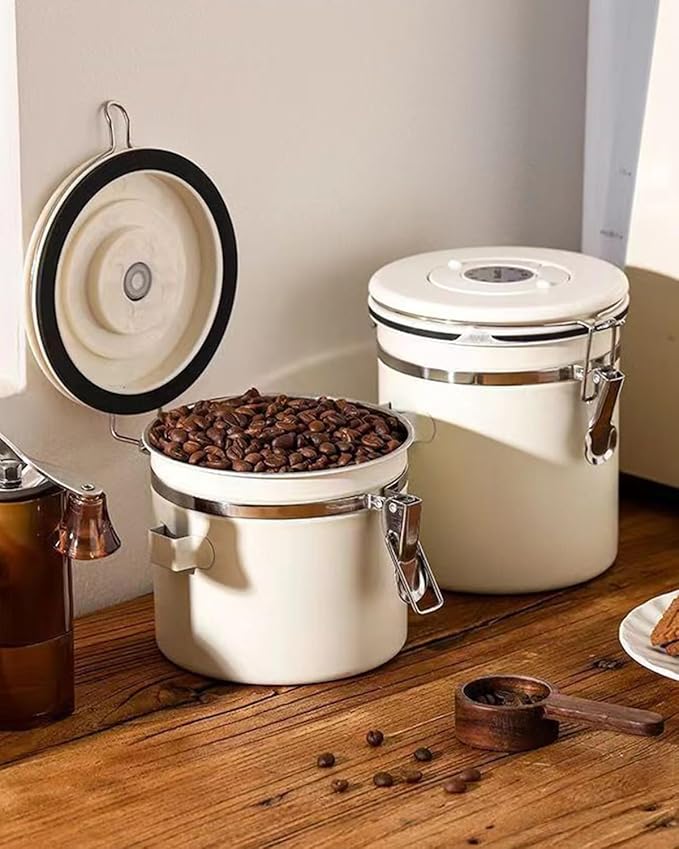Coffee Canister, Stainless Steel Coffee Bean Storage Container with Date Tracker and Scoop, Kitchen Food Container for Grounds Coffee, Beans, Tea, Flour, Cereal, Sugar, 22OZ (1800ML | Beige)