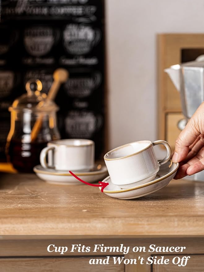 Gomakren 2.5 Ounce Espresso Cups Set of 4, Small Stackable Coffee Cups with Saucers and Metal Stand, Porcelain Demitasse Cups for Specialty Coffee Drinks, Espresso, Cappuccino, Latte, Tea, White