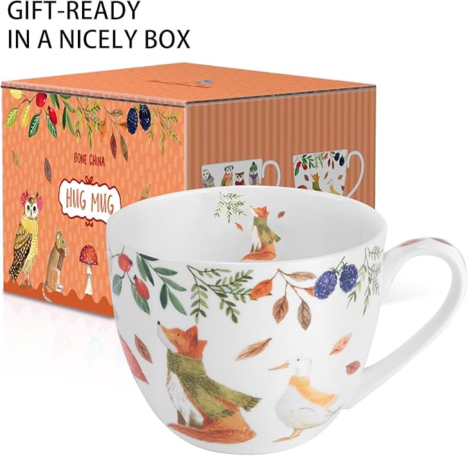Autumn Forest Animal Mug - 20 oz Bone China Coffee Mug with Fox, Squirrel & Duck, Cozy Fall Gift for Nature Lovers and Friends, Designed in England by Harvest Green Studio
