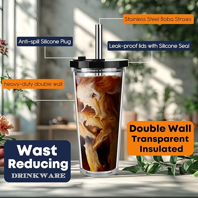 ALINK Reusable Iced Coffee Cup with Lid and Straw, 24 oz Boba Tea Smoothie Cup, Leak Proof Double Wall Insulated Iced Coffee Tumbler for Hot Cold Drinks, Bubble Tea, With 2 Boba Straws 1 Brush