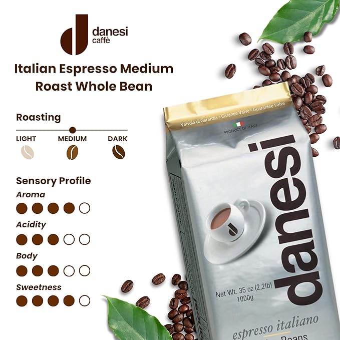 Danesi Caffe Italian Whole Coffee Beans - Espresso Coffee Beans and Medium Roast Whole Bean - Perfect for Espresso Machines, French Press, and Home Brewing - Gold (13.2 lb)