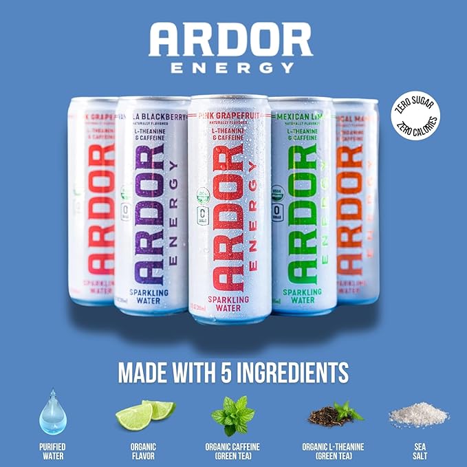 ARDOR ENERGY Sparkling Water with 100mg Natural Caffeine & 200mg L-Theanine from Organic Green Tea for Smooth Energy & Focus | Healthy Energy Drink | No Sugar, Zero Calories, Vegan, Gluten-Free | Cucumber Mint (Pack of 12, 12oz cans)