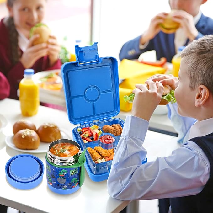 Bento Lunch Box Set With 10oz Soup Thermo, Leak-proof Lunch Containers with 4 Compartment, Kids Hot Thermo Food Jar/Insulation Lunch Bag, Food Containers for School（Dinosaur）