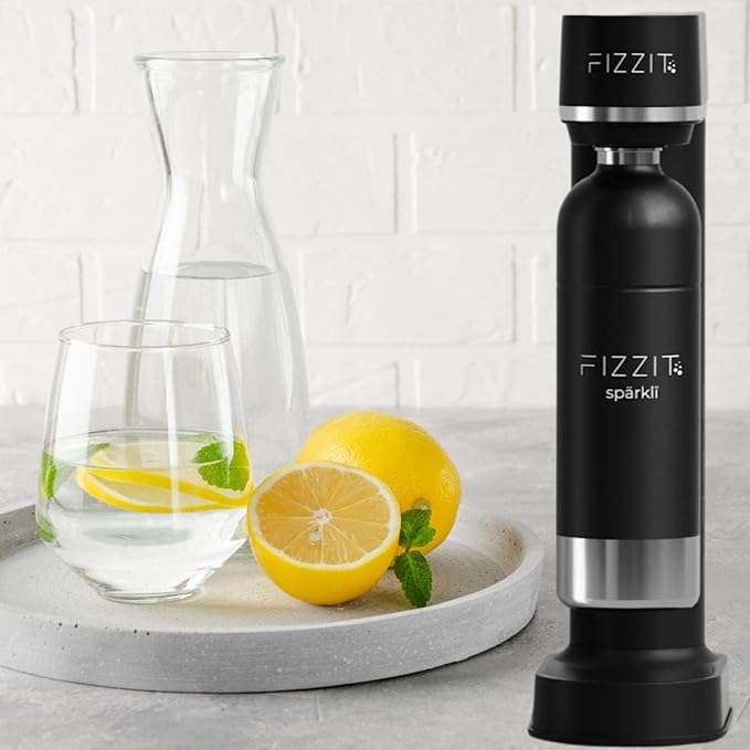 Black Sparkling Soda Water Maker with 2 CO2 Cylinders & 2 Stainless Steel Reusable Bottles, Includes 1 x Black Stainless Reusable Bottle & 1 x White Stainless Reusable Bottle