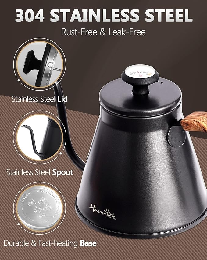 Harriet Gooseneck Kettle with Thermometer for Pour Over Coffee and Tea, 37 fl oz, Stainless Steel, Durable 3-Layer Base, Ideal Spout for Precision Pouring, Compatible with all Stove Tops, Black