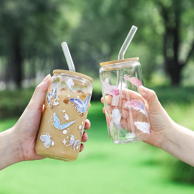 NETANY 2 Pack Glass Cups with Bamboo Lids and Straws 16 oz, Gifts for Women, Drinking glasses set, Iced Coffee, Tea Cup, Cute Aesthetics Tumbler Cup, Mothers Day, Birthday Gifts for Her Mom