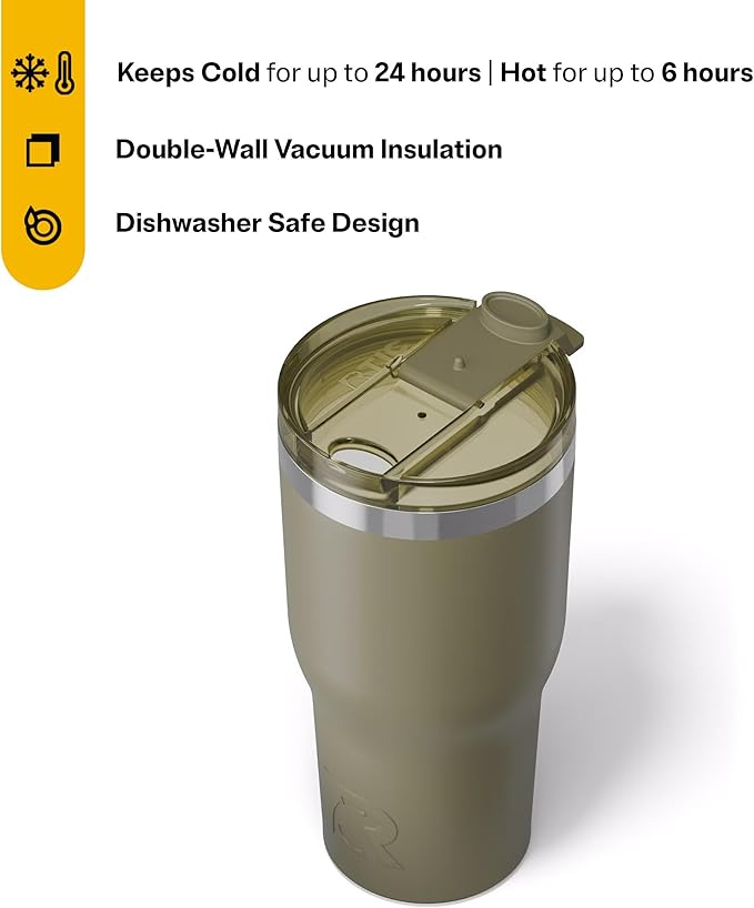 RTIC 30oz Essential Tumbler with Lid, Insulated, Stainless Steel, Metal, Double Wall Vacuum-Insulation, Ceramic Lined, Travel Cup for Iced Coffee, Tea, Hot and Cold Drink, Olive