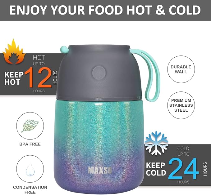 Insulated Thermo Soup Jar for Kids & Adults, 17 oz Stainless Steel Thermal Food Container with Spoon, Triple Layer Insulation (Rainbow)
