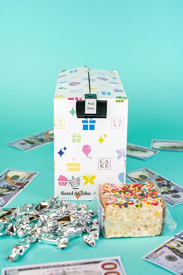 Celebration Billionaire Box by Send A Cake, Ready to Gift, No Assembly Required with Music, Sweet Caramels & Delicious 3" Rainbow Sprinkle Crispy Cake - Gift for Women, Men, Sister, Mom, Dad, Best Friend, Adults, Kids