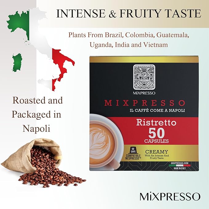 Mixpresso Coffee Ristretto Espresso Capsules Compatible With Nespresso Original Brewers, Single Cup Coffee Pods 100% from Italy Dark Roast 80% Arabica Espresso, 50 Count Coffee Capsule Intensity 12/12