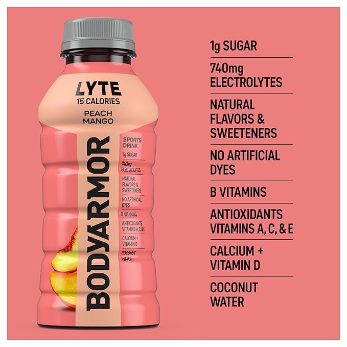BODYARMOR LYTE Sports Drink Low-Calorie Sports Beverage, Peach Mango, Coconut Water Hydration, Natural Flavors With Vitamins, Potassium-Packed Electrolytes, Perfect For Athletes, 12 Fl Oz (Pack of 8)