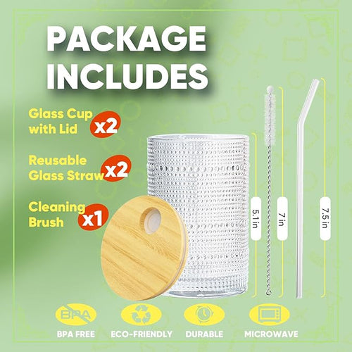 15 Oz Glass Cups with Lids and Straws, Vintage Embossed Glassware for Whiskey Cocktail Beer, Iced Coffee Cup with Lid (2 PACK)