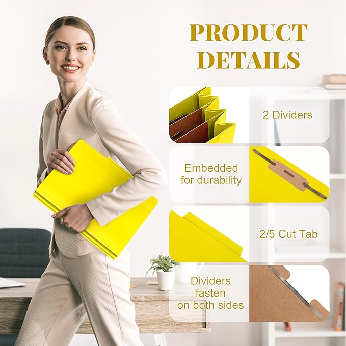 60 Pcs Classification Folders Letter Size, 2 Divider Pressboard File Folders with 3. 5 Inch Expansion, 2 Prongs Fastener, Heavy Duty Office File Organizers for Teachers, Medical (Yellow)