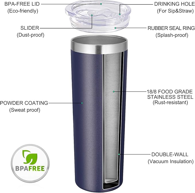 VEGOND Stainless Steel Tumblers Bulk 6 Pack, 20 oz Vacuum Insulated Skinny Tumblers with Lid and Straw, Double Wall Coffee Mug, Travel Water Cup, Navy Blue