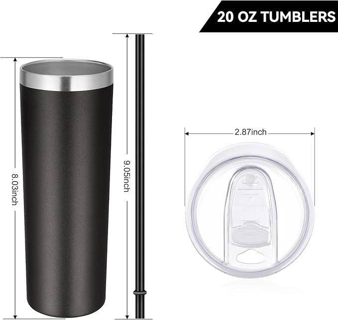 VEGOND Stainless Steel Tumblers Bulk 8 Pack, 20 oz Vacuum Insulated Skinny Tumblers with Lid and Straw, Double Wall Coffee Mug, Travel Water Cup, Black