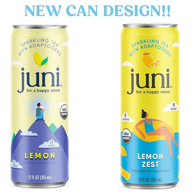 Juni Sparkling Adaptogen Drink with Ashwagandha, Lion’s Mane & Reishi Mushrooms | Green Tea for Focus, Zero Sugar, 5 Calories, Organic | Non Alcoholic Drinks - Lemon 12 pack