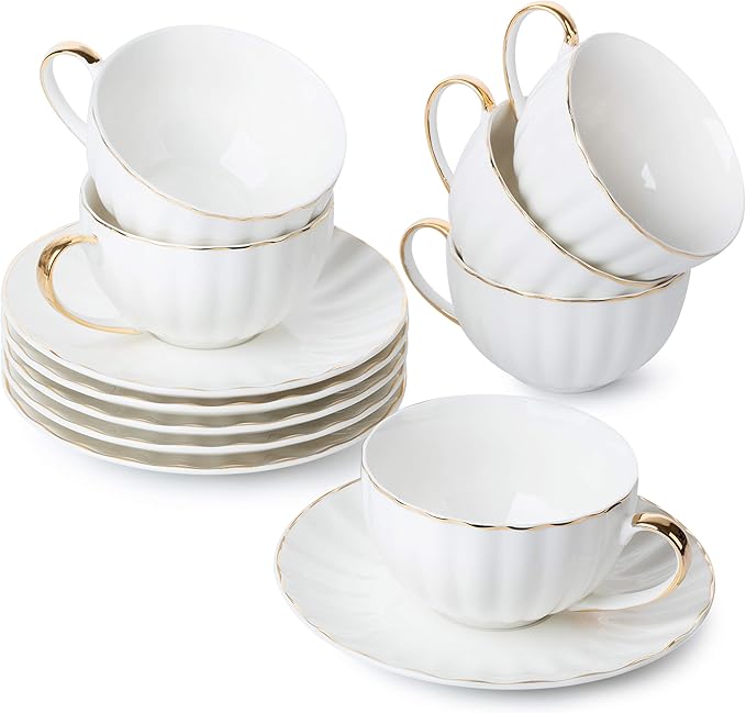 BTaT- White Tea Cups and Saucers Set of 6 (7 oz), Porcelain White Tea Cup Set with Golden Trim Design, Dishwasher Safe