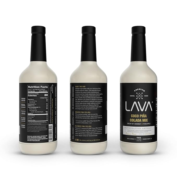 (3 Pack) LAVA Premium Coco Pina Colada Made with Cream of Coconut and Real Pineapple, No Artificial Sweeteners or Flavors, 1-Liter (33.8oz) Glass Bottle.