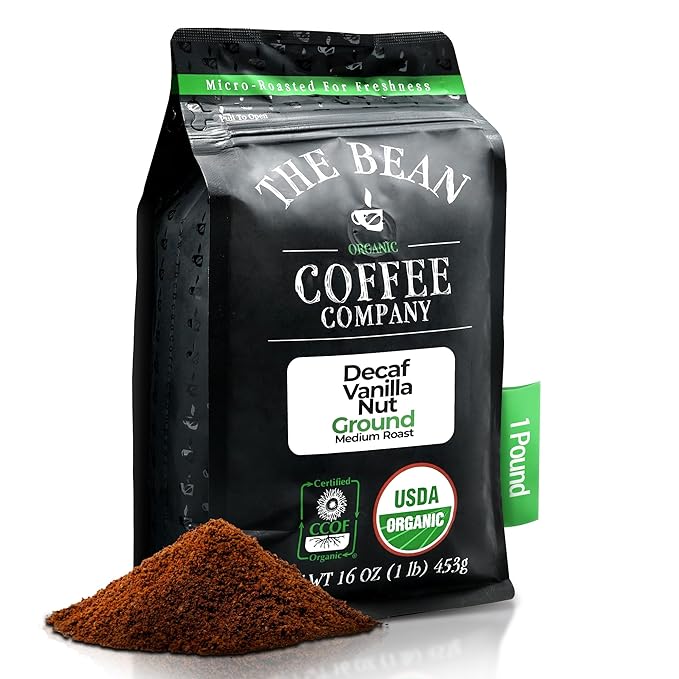 The Bean Organic Coffee Company Water Processed DECAF Vanilla Nut, Medium Roast, Ground Coffee, 16-Ounce Bag, Café Molido Tostado Orgánico descafeinado