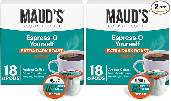 Maud's Decaf Espresso Roast Coffee Pods, 18 ct, Decaffeinated Dark Roast Recyclable Single Serve Pods – 100% Arabica Coffee, Compatible with Keurig K Cups Maker (Pack of 2)