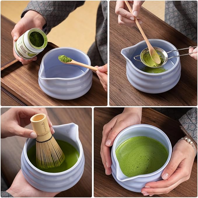 Matcha Whisk Set 8 Pcs - Ceramic Bowl, Bamboo Whisk with Holder, Canister, Sifter, Schima Spoon, Spoon Rest and Tea Towel, Complete Kit for Traditional Matcha and Modern Lattes (Purple)