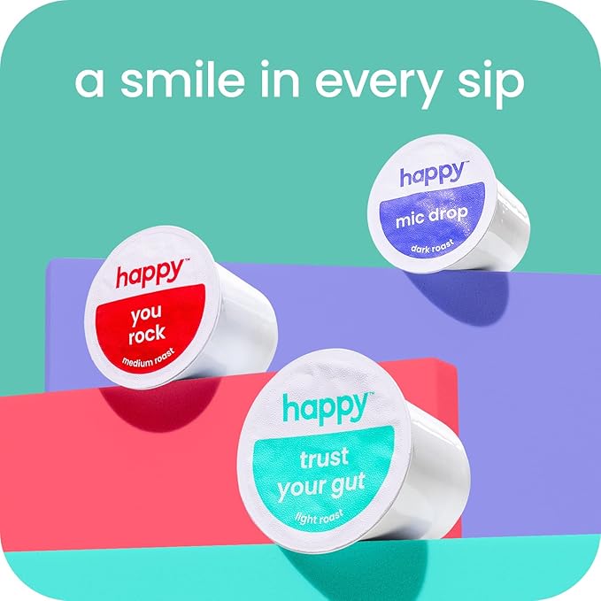 happy coffee light roast coffee pods, 60 count, notes of toasted biscotti and levity, compatible with most K-cup brewers, rainforest alliance certified