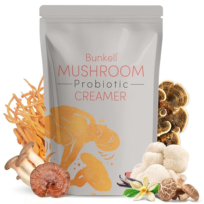 Bunkell Mushroom Coffee Creamer, Adaptogenic 6 Mushrooms with Lion's Mane, Reishi, Cordyceps, Shiitake, King Trumpet, Turkey Tail, Probiotics Creamer for Energy, Focus & Digestion Support, 30 Servings