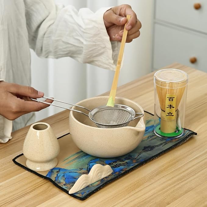 Matcha Set, 7 Pieces, Matcha Bowl with Spout, Whisk, Holder, Bamboo Scoop, Stainless Steel Sifter
