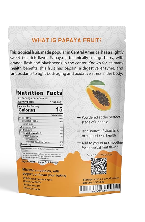 Ancient Roots Papaya Fruit Powder - Natural Food Coloring, No Added Sugar, Filled with Antioxidants, Digestion Support, Tropical Fruit Powder for Smoothies - 25 Servings (3.5 ounces)