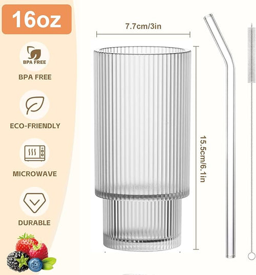 16OZ Ribbed Glass Cups with Lids and Straws,Iced Coffee Cups with Bamboo Lid,Vintage Glassware for Whiskey Cocktail Beer Fruit Juice Glasses Tumbler(6 Pack)