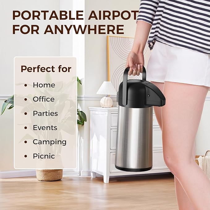 Coffee Carafe for Keeping Hot - 64OZ / 1.9L Airpot Coffee Dispenser with Pump - Large Coffee Thermos for Hot Drinks Tea Liquid - Insulated Stainless Steel Hot Water Beverage Dispenser Urn for Parties