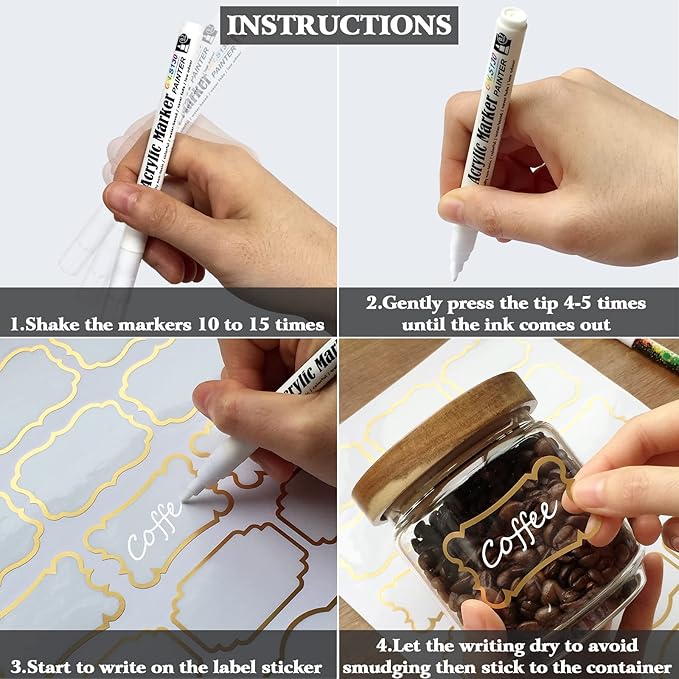 Clear Labels for Jars 180pcs Waterproof Removable Transparent Write-on Label Stickers with Gold Border,Great for Food Container Spice Bottle Condiment Flour Sugar Canisters Storage Bins,Free 2 Markers