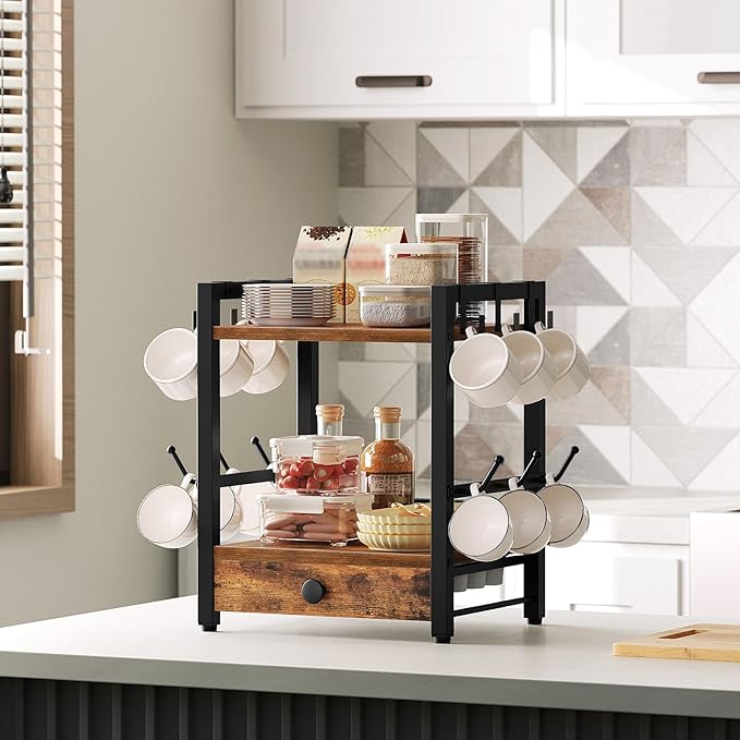 3-Tier Coffee Mug Holder with 12 Hooks, Coffee Bar Organizer, 25 Pods Capacity, Versatile Desktop Storage Rack, Space-Saving, for Kitchen, Living Room, Rustic Brown and Black MH01BR