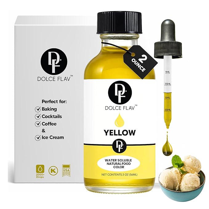 Dolce Flav Natural Yellow Food Coloring – 2 oz Bright Plant-Based Color from Curcumin | Water-Soluble Liquid Color for Baking, Drinks & Frostings | Graduated Dropper Included | | Kosher | No Artificial Dyes | Made in USA