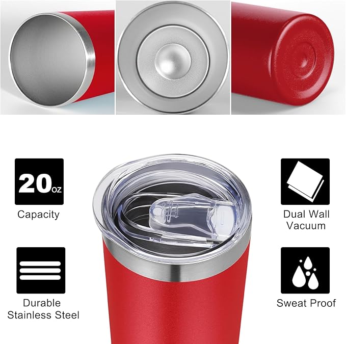 VEGOND 20 oz Stainless Steel Skinny Tumbler with Lids and Straws, 20oz Vacuum Insulated Slim Tumbler Cup, Double Wall Travel Tumblers Bulk for Cold Hot Drinks, Red 6 Pack
