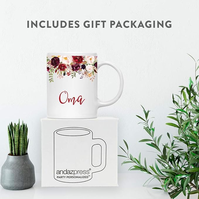 Andaz Press 11oz. Mother's Day Ceramic Coffee Tea Mug Gift, Fall Autumn Marsala Burgundy Flowers Roses Florals, Oma, 1-Pack, Includes Gift Box, Birthday Christmas Gift Ideas