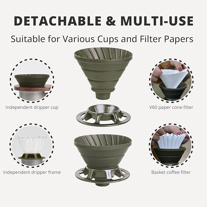 Collapsible Coffee Dripper, Silicone Reusable Coffee Filter Holder, Pour Over Coffee Dripper for Camping, Business Trip, Single Pour Over Coffee Maker (Green)