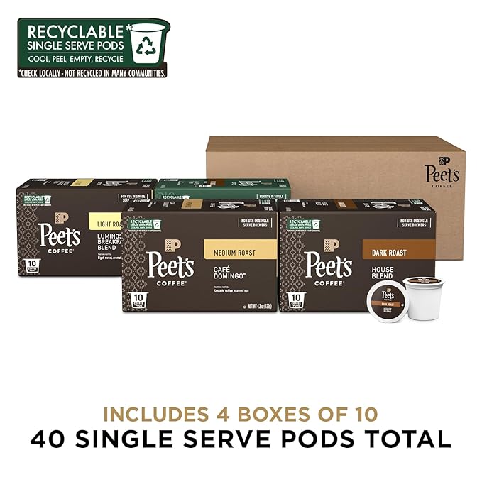 Peet's Coffee, Single Serve Coffee Pods Variety Pack - Luminosa Breakfast Blend, Café Domingo, Organic Alma De La Tierra, House Blend, 40 Count (4 Boxes of 10 Pods)