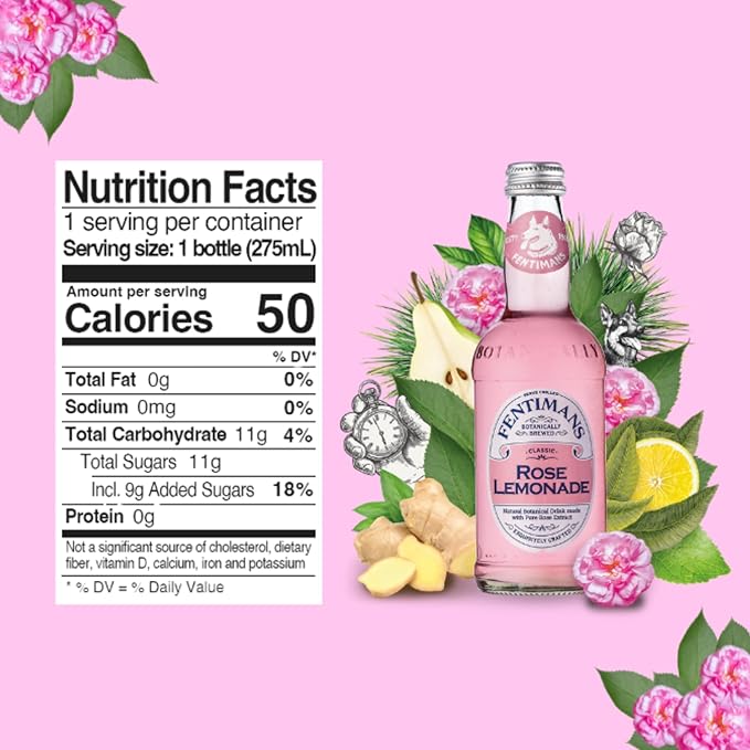 Fentimans Sparkling Rose Lemonade - Sparkling Pink Lemonade with Natural Ingredients, Mixer, Craft Soda, Botanically Brewed Lemonade - 9.3 Fl Oz (Pack of 12)