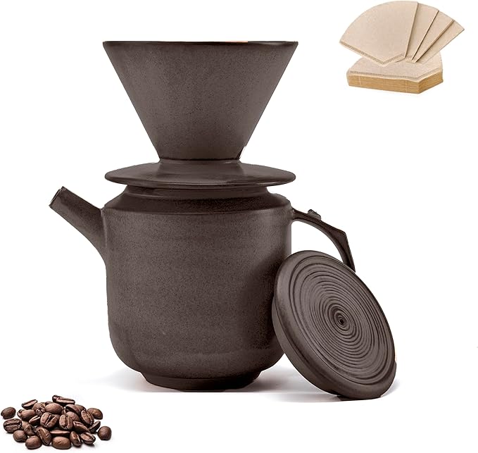 AZYM Pour Over Coffee Maker Set,with Lid and V60 Paper Coffee Fliters 20 Counts,High Heat Resistant Vintage Coffee Carafe Dripper Set for Home Café Restaurant Camping Hiking(Black)