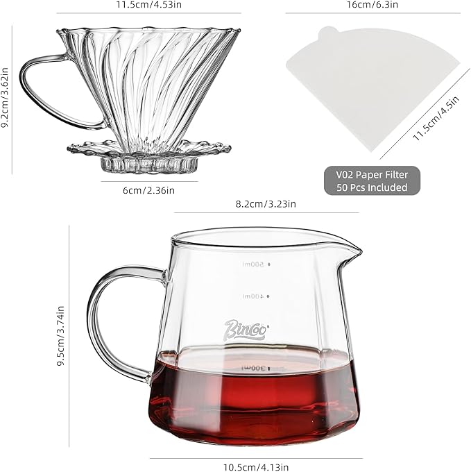 Bincoo Pour Over Coffee Maker Set, 16oz Drip Coffee Maker, Included Borosilicate Glass Coffee Carafer and Coffee Dripper & Size 02 50 Pcs Paper Filter (16oz-Clear)