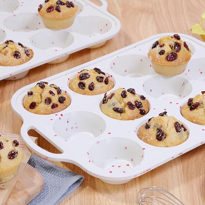 CAKETIME Silicone Muffin Pan, Metal Reinforced Frame Silicone Cupcake Pan Easy to Handle 12 Cups for Valentine's Day Baking Nonstick Regular Size Muffin Tin 1 Pack Love Heart