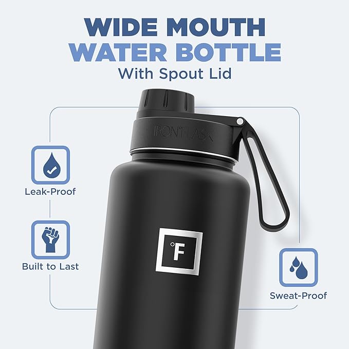 IRON °FLASK Camping & Hiking Hydration Flask with 3 Lids - Stainless Steel, Double Walled & Vacuum Insulated Water Bottle - Leak Proof & BPA Free (Midnight Black, Spout - 40 oz)