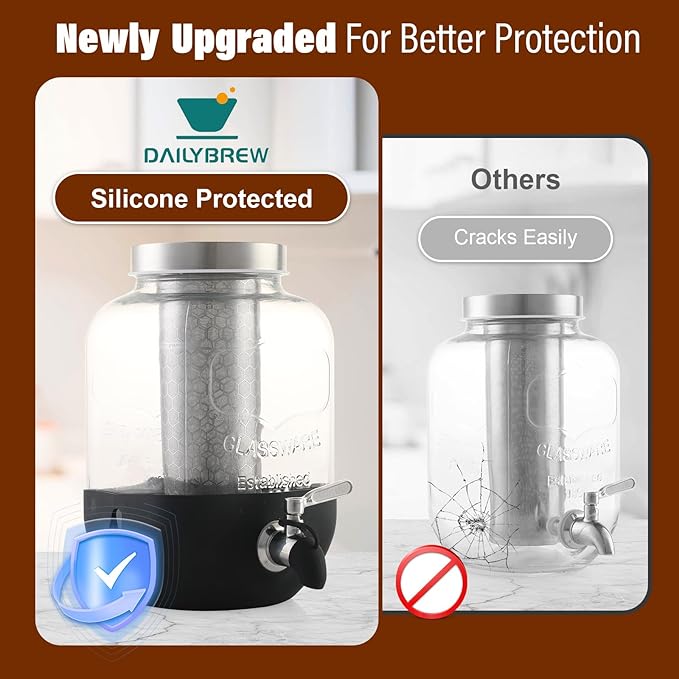 Cold Brew Coffee Maker, 1 Gallon Iced Coffee Maker With Stainless Steel Filter, Heavy Duty Glass Cold Brew Pitcher With Stainless Steel Spigot, Mason Jar Cold Brew Coffee Maker Fast Iced Tea Maker