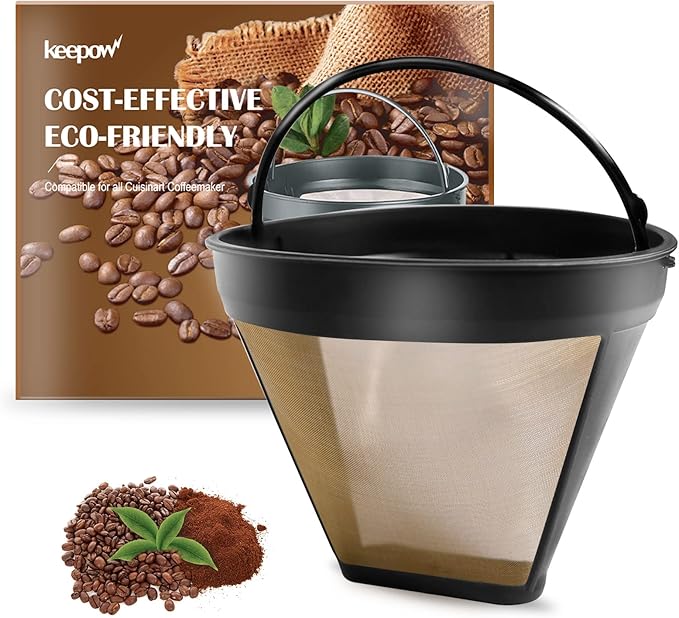 KEEPOW Reusable Coffee Filter Replacement 12-Cup, Compatible with Cuisinart Coffee Makers, Gold Tone Coffee Filter Basket 10-12 Cup