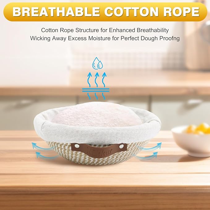 Banneton Bread Proofing Basket Set of 2, 9 Inch & 10 Inch Round Cotton Rope Sourdough Bread Baking Supplies Proofing Bowls with Liners & Covers Gifts for Bakers Women Wife Mom